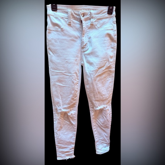 American Eagle Super Stretch White Distressed Jeans Size 0 Short Raw Hem Skinny - Picture 4 of 14